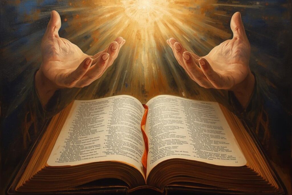 Mãos estendidas sobre Bíblia aberta recebendo luz divina simbolizando sabedoria espiritual