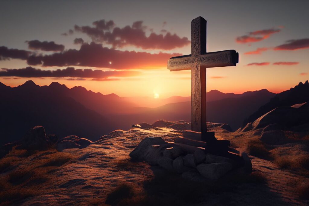 Cruz de madeira maciça ao pôr do sol, no topo de uma montanha rochosa. A cena evoca reflexão e a sabedoria da redenção.