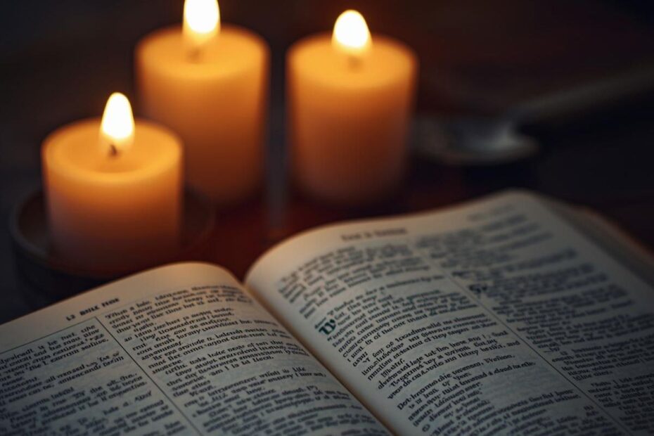 Bíblia aberta iluminada por velas representando sabedoria bíblica para o dia a dia